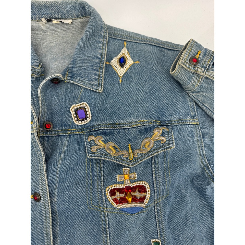 Vintage Cedars Denim Jacket Jeans Set Jeweled Beaded Women 28 Blue Crown - Picture 9 of 16